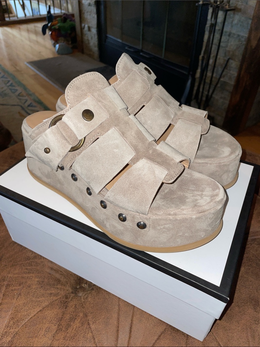 Steve Madden Taupe Suede Studded Platform Slide Mules